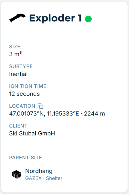 Exploder 1’s own page in alpinesite — size, subtype, ignition time and its parent site.